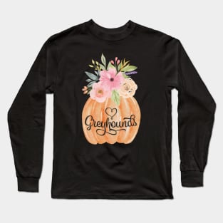 Heart Greyhounds Carved Pumpkin with Fall Flowers Long Sleeve T-Shirt